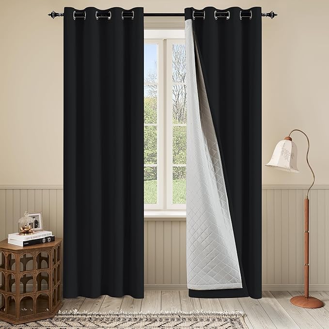 Thermal Insulated Grommet 100% Blackout Curtains for Bedroom 3-in-1 Curtains Noise and Heat Reduction for Bedroom Living Room 50”Width by 84”Length Black 1 Panel