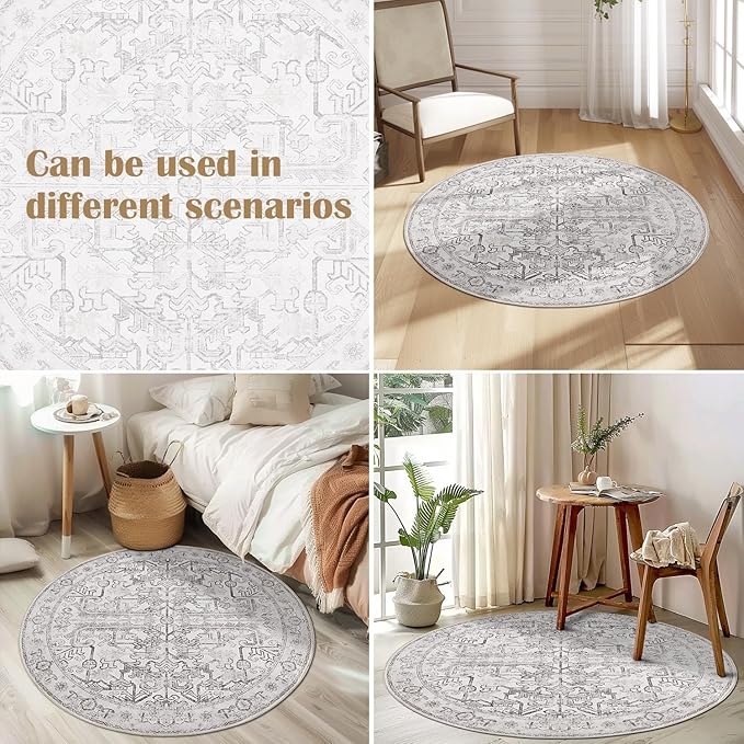 jinchan Lima Round Rug 5ft Vintage Machine Washable Area Rug Indoor Circle 5' Ultra-Thin Non-Slip Floral Print Carpet for Farmhouse Entryway Dining Room Living Room Bedroom Office (5'Round, Taupe)
