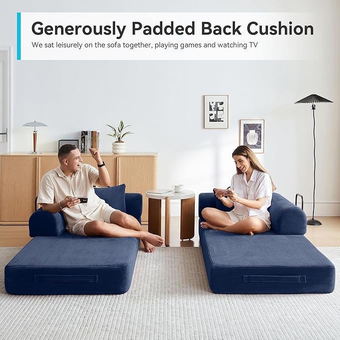 Convertible Sofa Bed with Corduroy Pillow,Comfy Floor Sofa Bed Compressed Sofa in Box, Convertible Sofa Bed for Living Room Bedroom Lounge Studio, Comfy High Density Foam Mattress(Navy Blue)