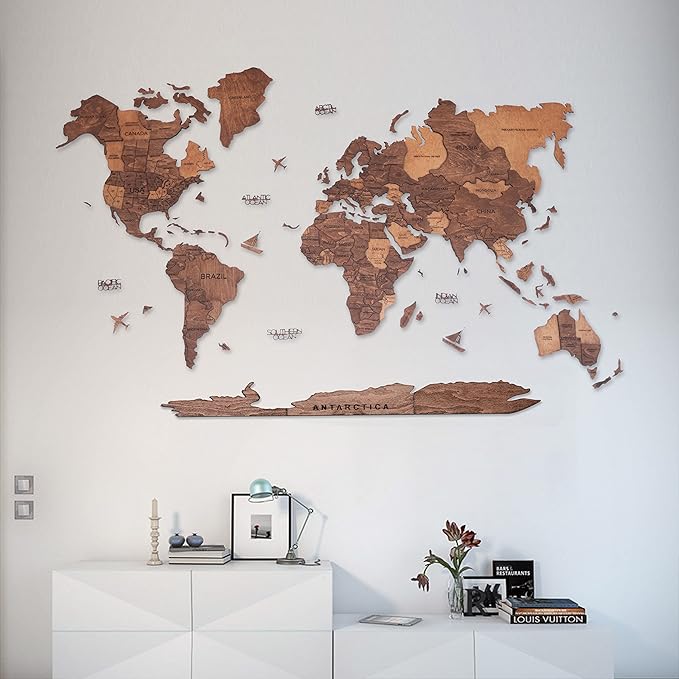 Handmade 3D Wood World Map Wall Art Large Wall Decor Track Your World Travels - Special for Home, Kitchen and Office (Large, Oak)