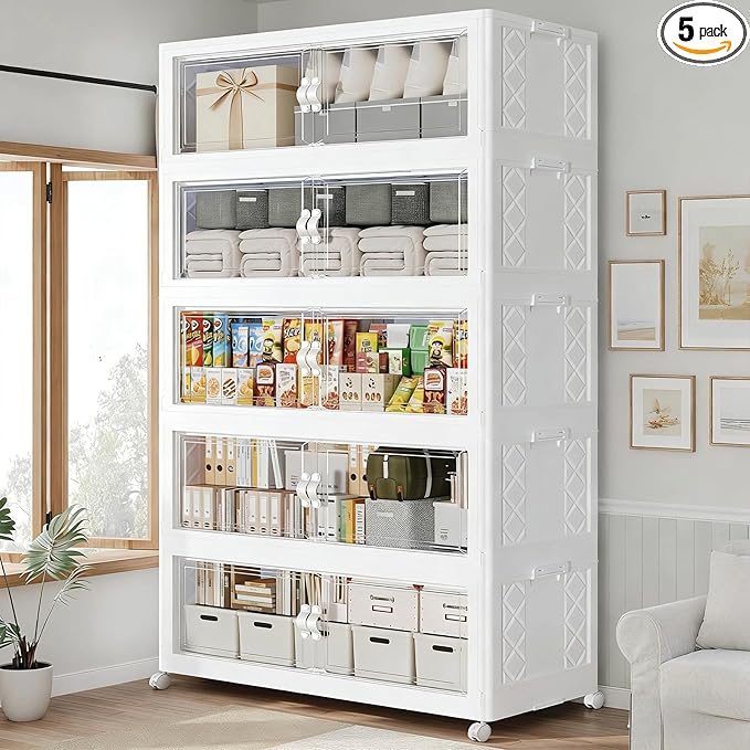 1100QT Extra Large Stackable Storage Bins with Lid, 275Gal Collapsible Storage Box with Wheels and Doors, Plastic Closet Organizer and Storage Cabinet for Home Kitchen Office Dorm, 5Pack White