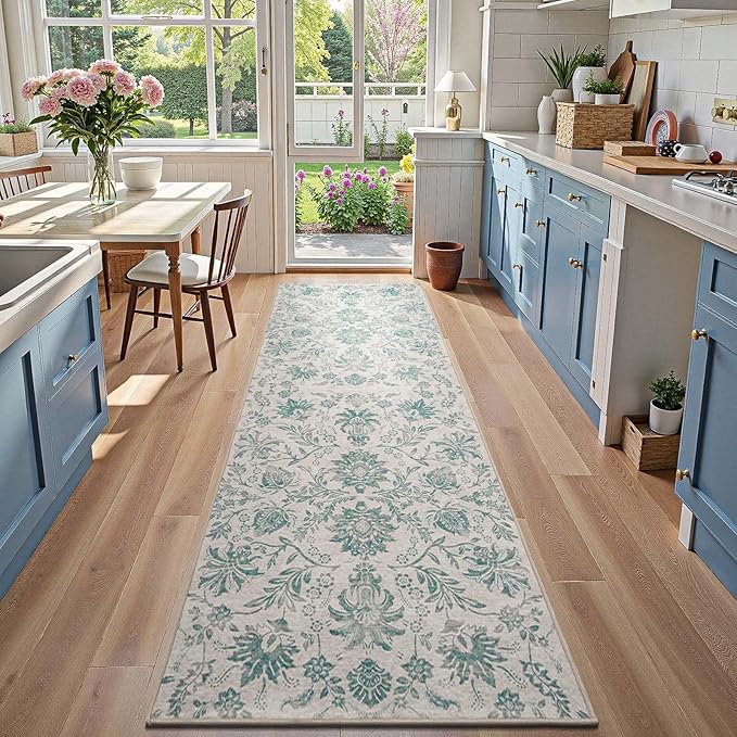 jinchan Torino Runner Rugs 3x10 Vintage-Inspired Floral Design Machine Washable Non-Slip Ultra-Thin Low-Pile Rubber Backing Traditional Rug for Kitchen Hallway Laundry Room Entryway Turquoise
