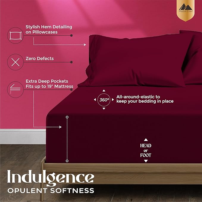 Mayfair Linen 100% Egyptian Cotton Queen Sheet Set - Luxury 1200 High Thread Count Egyptian Cotton Sheets Queen Size (4 PC, Burgundy), Silky Soft, Cooling, 17" Deep Pocket Sateen Weave Hotel Bedding