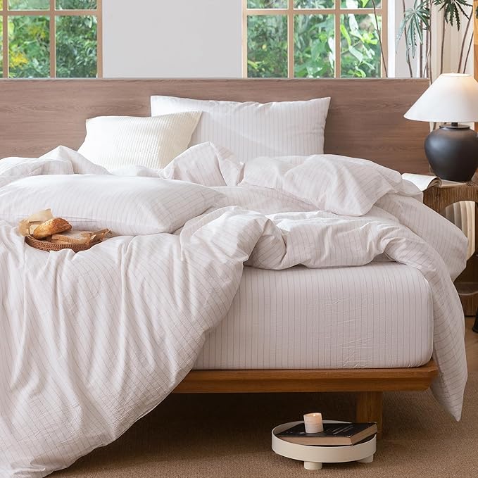 MooMee Striped Duvet Cover Set 100% Washed Cotton Linen Like Textured Breathable Durable Soft Comfy (White Heathered Greyish Pink Wide Stripes, King 104"x90")
