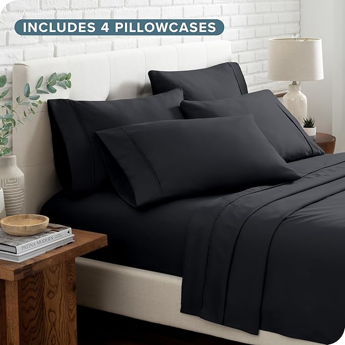 Bare Home Hotel Luxury Queen Sheet Set, Extra Soft - 6 Piece Set - Deep Pockets - Easy Fit - Cooling & Breathable - Wrinkle, Fade, Stain Resistant - Includes 4 Pillowcases (Queen, Black)
