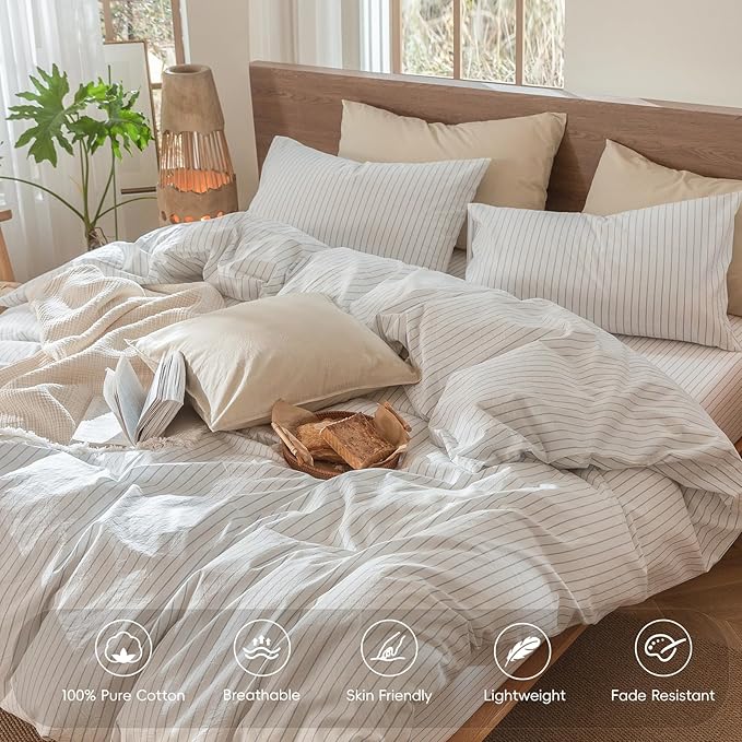 MooMee Striped Duvet Cover Set 100% Washed Cotton Linen Like Textured Breathable Durable Soft Comfy (White Cornflower Blue Wide Stripes, Twin 68"x90")