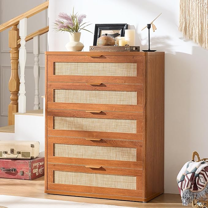 LEYAOYAO Dresser for Bedroom, 41" Tall Chest of Drawers, Modern 5 Drawers Boho Rattan Dressers with Storage, Dresser Wooden Closet Organizer for Living Room, Hallway, Tea Brown
