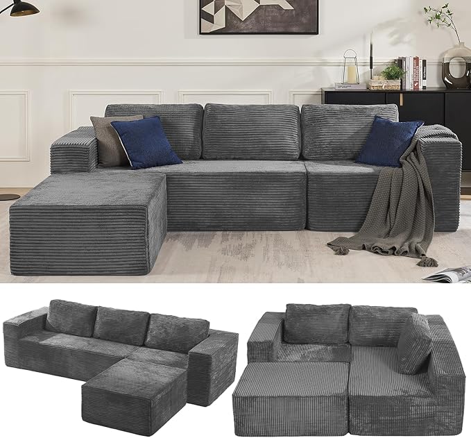 106" 3-Seater Sofa, Cloud Modular Sofa with Certified Foam, Upholstered Floor Sofa with Deep Seat, Upholstered Sofa for Bedroom Living Room, No Assembly Required (Plush Corduroy Fabric, Grey)
