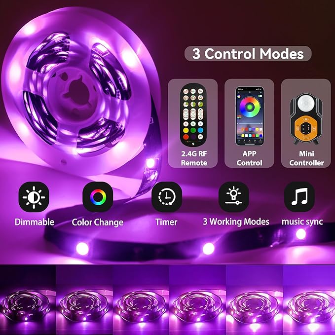 Under Bed Lights Motion Sensor LED Light Strip, 9.84ft 3 Mode RGB Motion Activated Bed Light with Music Sync and Timer, Color Changing Dimmable Night Lights with Remote APP Control for Bedroom