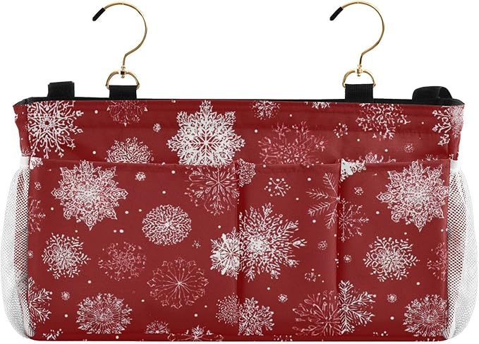 Bedside Caddy Hanging Bunk Bed Caddy Bed Organizer Hanging Pocket with 2 Hooks Bedside Storage Organizer Pocket Bag Holder Red Christmas Snowflakes