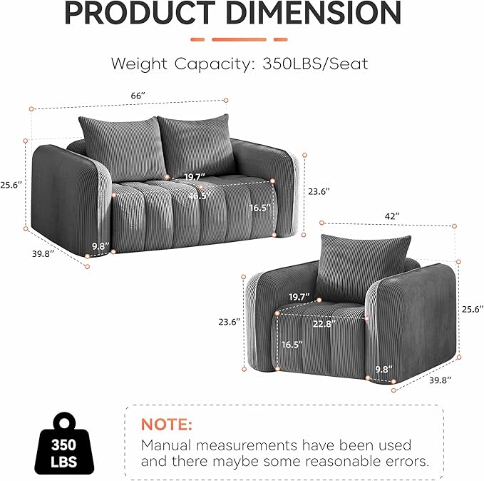 Corduroy Boneless Living Room Sets, Modern Upholstered Loveseat with 2 Signle Sofa Chairs, Comfy Deep Seat Cloud Sofa Couch Sets for Living Room, Grey