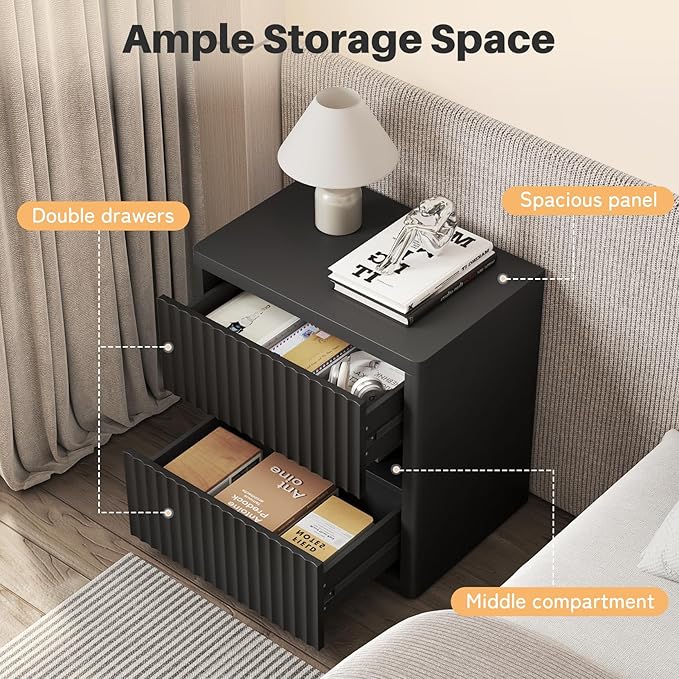 Dripex Fluted Nightstand with 2 Drawers, Large Wide Wood Night Stand Bedside Tables for Bedroom, Mid-Century Modern Storage Bed Side Table, End Tables for Living Room Sofa Couch, Black, Set of 1