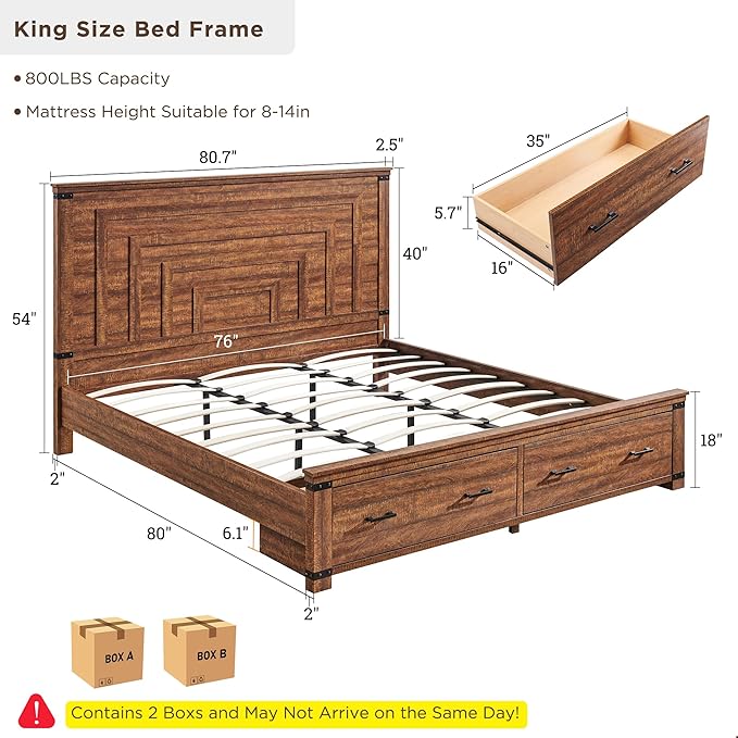 T4TREAM Farmhouse King Size Bed Frame with 54" Tall Geometric Headboard & 2 Large Storage Drawers, Rustic Wood Platform Bed with Wood Slats Support, No Box Spring Needed, Reclaimed Barnwood