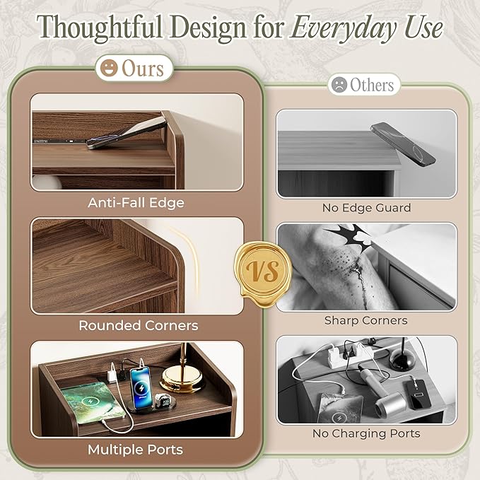 Huuger Nightstand with Charging Station, USB-C Port, Fluted Night Stand Set of 2, Bed Side Table with Drawer, Solid Wood Feet, Open Storage, End Table with Raised Edge, for Bedroom, Walnut