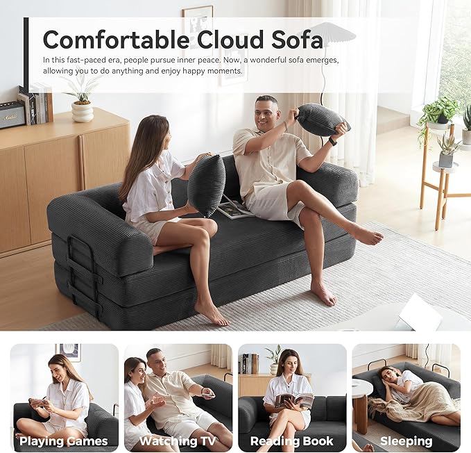 Convertible Sleeper Bed with 2 Cylindrical Pillow, Comfy Foldable Bed Compressed Sofa in Box, Floor Sofa Lounge Couch for Living Room Bedroom Lounge Studio, Tool-Free Assembly (Black)
