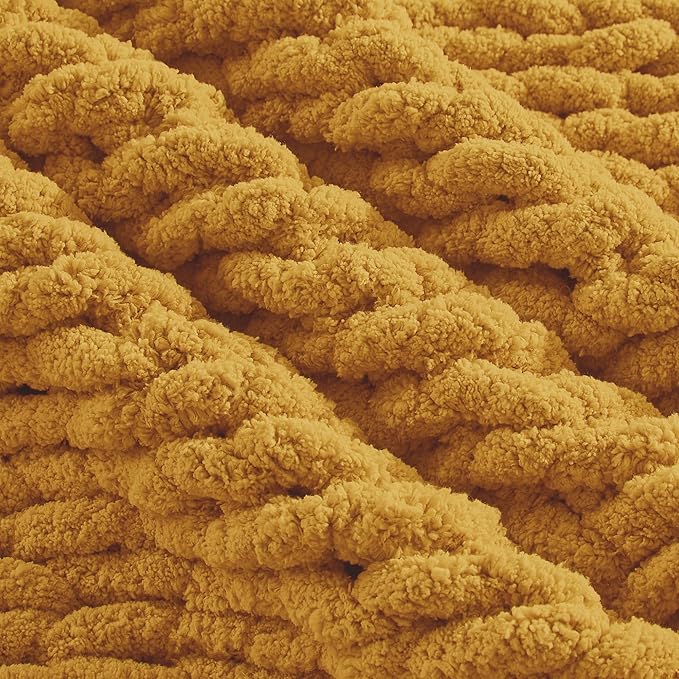 Carriediosa Chunky Knit Throw Blanket 50" X 60", 100% Hand Made Large Chenille Loop Yarn Soft Fluffy Throws for Couch Sofa Bed, Big Crochet Cozy Heavy Thick Cable Woven Blanket, Yellow