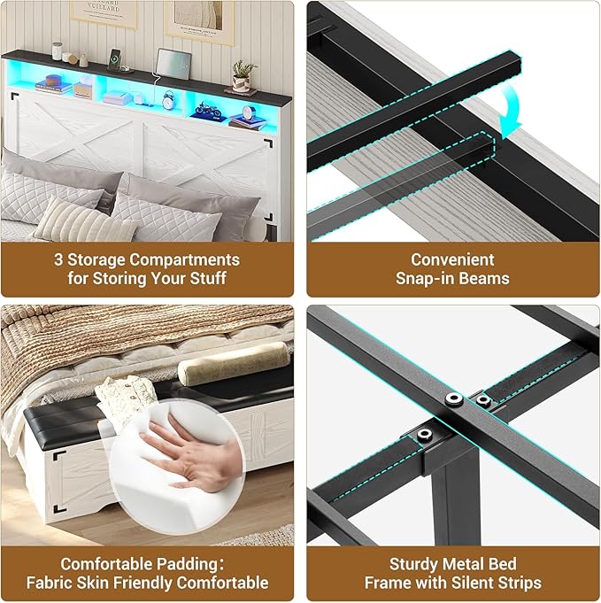 Hasuit Queen Size Bed Frame with Storage Ottoman, Farmhouse Bed Frame with Charging Station and Led Light, Headboard with Storage Rack, Metal Slats, No Noise Design, No Box Spring Needed,Walnut White