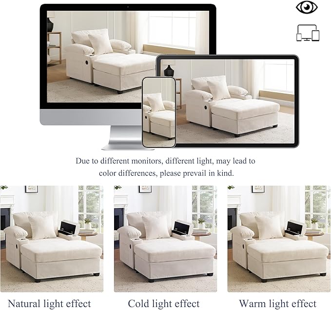 SUNWAVE 58" Chaise Lounge Chair with Ottoman, Chenille Fabric Sofa Bed, Accent Chair with Cupholders & USB Charging Ports for Living Room, Bedroom, Apartment (1 Chaise Ivory)