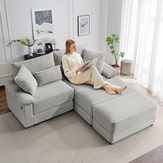 SUNWAVE 74" Double Chaise Lounge Chair Indoor, Oversized Loveseat with Removeable Ottoman, Corduroy Couch with USB Charging, Storage Ottoman, and Coffee Table Cushions for Living Room (2 Chaise Gray)