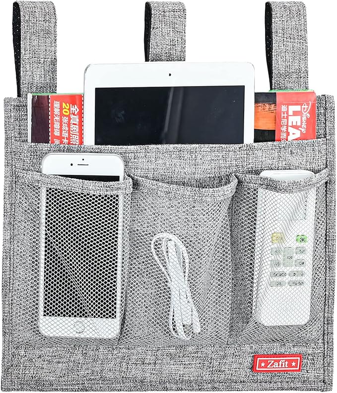 Zafit Linen Bedside Caddy, Bedside Storage Organizer for Hospital Beds, College Dorm Rooms or Baby Bed (Classic 4 Pockets Grey)