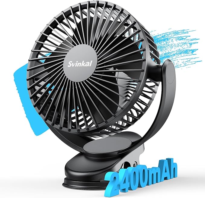 Svinkal USB Portable Clip on Fan, 2400mAh Battery Type-C 6in, 3 Speed 720° Tilting Head, Black Personal Rechargeable Fan for Desk, Bedside, Golf Cart, Baby Stroller, Indoor & Outdoor Use