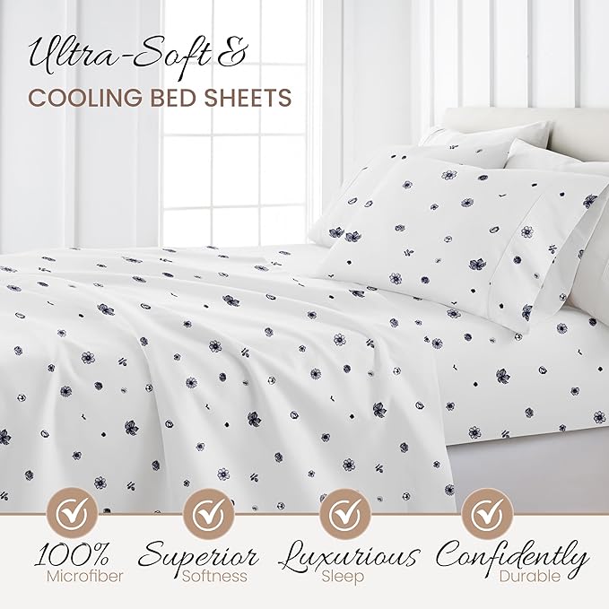 Linen Market Double-Brushed Patterned Microfiber Queen Sheet Set 4 Piece – Oeko-TEX Certified Ultra Soft & Wrinkle-Free - 16" Deep Pocket Sheets - Easy Care Queen Size - Indigo Flowers Navy
