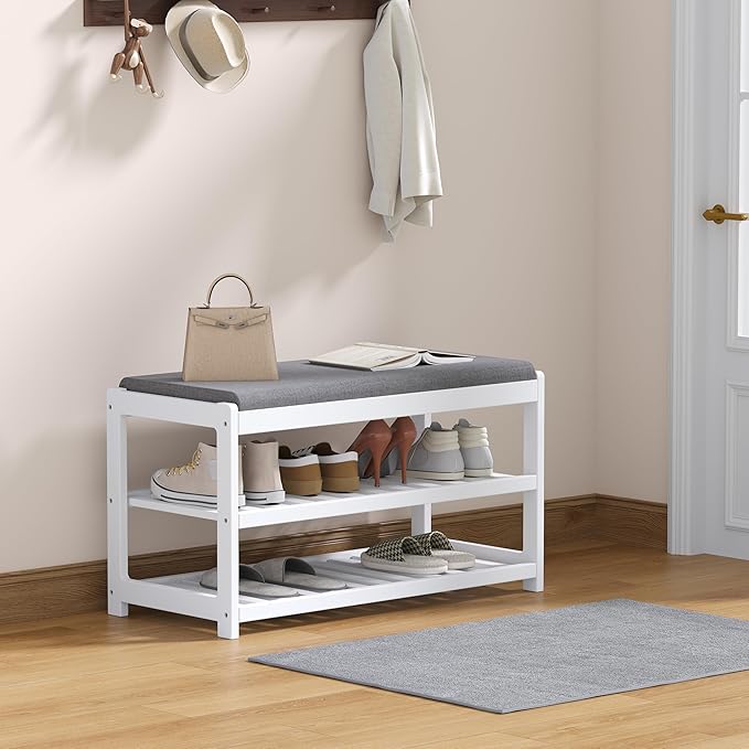 Shoe Bench Entryway, 100% Solid Solid Wood Shoe Rack Bench with Storage and Cushion Padded Seat, 3-Tier Shoe Organizer for Hallway Living Room, Mudrooms, White