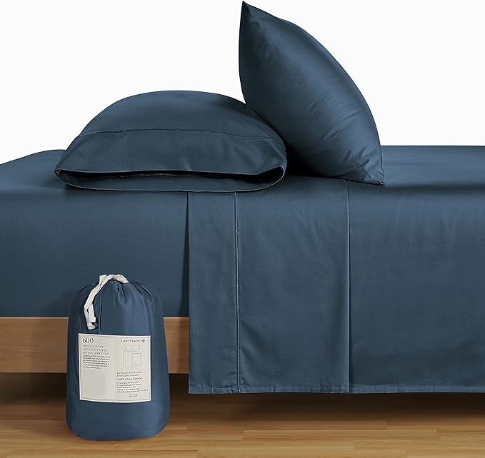 LANE LINEN California King Sheets Sets - 4 PCs. 600 Thread Count Cal King Sheet Set - 100% Cotton Sheets Cal King - Ultra Soft, Sateen Weave California King Bed Sheets Set - Denim