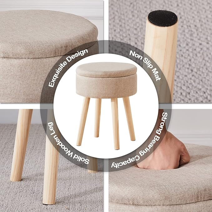 Mxfurhawa Storage Ottoman Linen Round Vanity Stool Tray Top Modern Foot Stool with Wood Legs Multifunctional Upholstered Foot Ottoman Rest for Living Room, Bathroom, Makeup (Khaki)