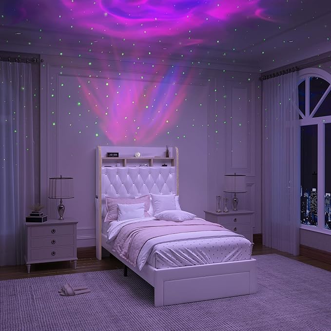 Twin LED Bed Frame with Storage Drawer, PU Upholstered Platform Beds with Galaxy Star Projector and Speaker, Aurora Bedframe with 2-Tier Storage Headboard for Small Bedroom Apartment, White