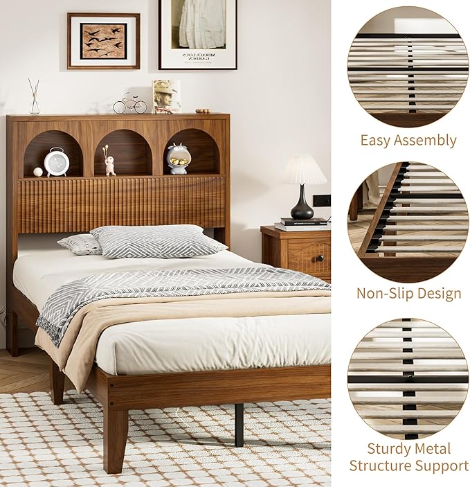 Twin Bed Frame with Wave Headboard, Wooden Headboard with 3 Arched Storage Compartments, Platform Bed with Wood and Metal Slats, No Box Spring Needed, No Noise (Twin-Walnut)