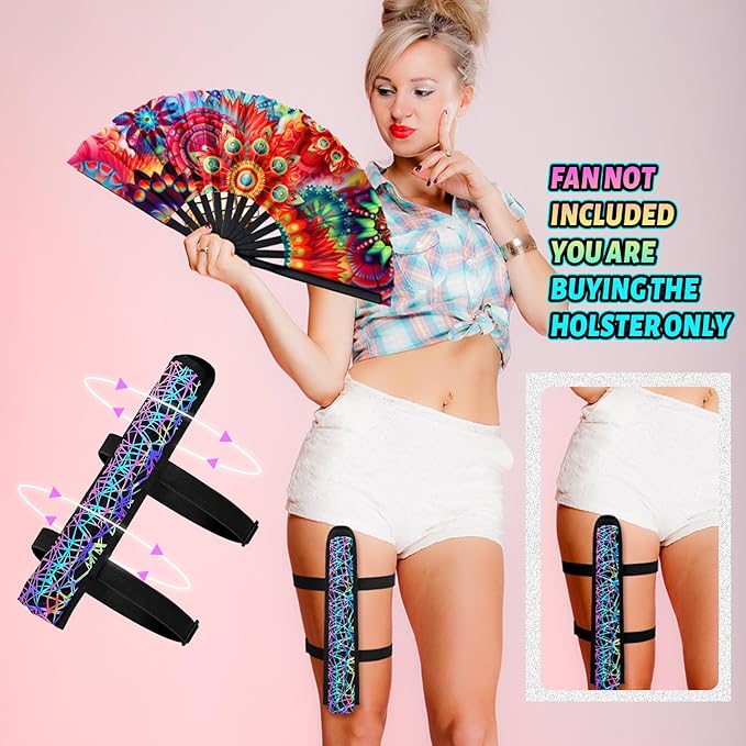 Summer Rave Fan Thigh Holster Rave Fan Holder Folding Hand Pouch Foldable Sleeves with Waist Belt for Thigh Party