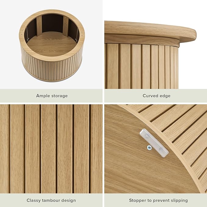 mopio Quin Tambour Round Circle Coffee Table with Storage, Drum Accent, Mid Century Modern, Wood, Fluted Center, Tea Table with Removable Lid, Living Room (Oak)