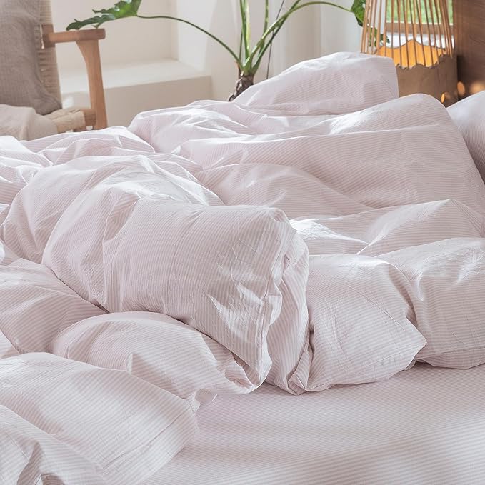 MooMee Striped Duvet Cover Set 100% Washed Cotton Linen Like Textured Breathable Durable Soft Comfy (Heathered Greyish Pink Pinstripes, Full 80"x90")