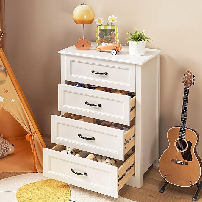 Gizoon Dresser for Bedroom with 4 Drawers Wooden Chest of Drawers for Closet Dresser Storage Unit Organizer for Hallway Living Room and Office, White