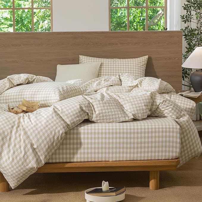 MooMee Gingham Duvet Cover Set 100% Washed Cotton Linen Like Textured Breathable Durable Soft Comfy Modern Checkered Design (Almond Milk Grey Gingham, Full 80"x90")