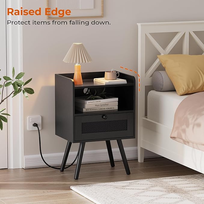 SUPERJARE Nightstand with Charging Station, Bedside Table with Texilene Surface Drawers, Rattan Side Table with Storage & Solid Wood Feet, End Table for Bedroom, All Black