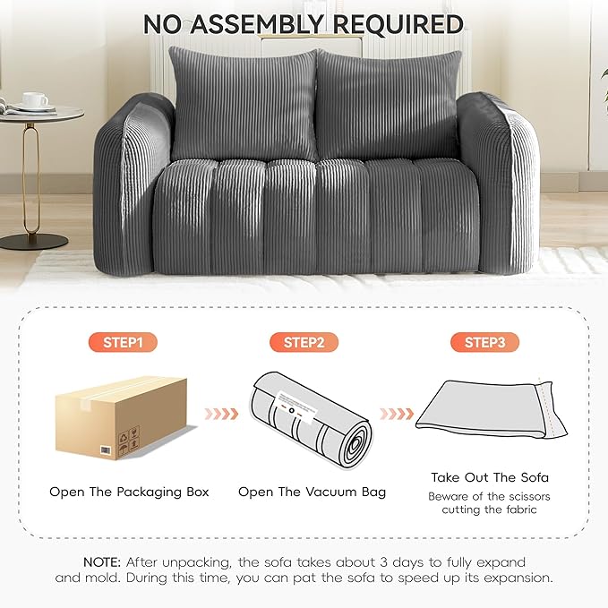 66'' Boneless Corduroy Loveseat Sofa, 2 Seater Tufted Deep Seat Couch with Rounded Armrest, Upholstered Cloud Couch for Living Room, Bedroom, No Assembly, Grey