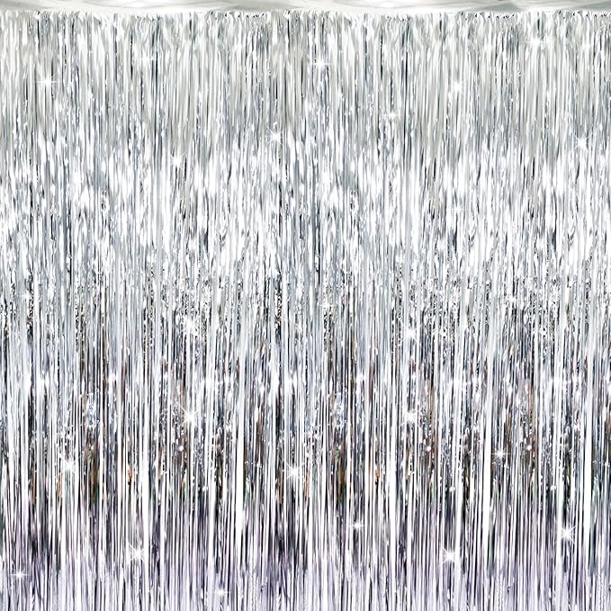 GOER 3.2 ft x 8.2 ft Metallic Tinsel Foil Fringe Curtains Party Photo Backdrop Party Streamers for Birthday,Graduation,New Year Eve Decorations Wedding Decor (Silver,1 Pack)