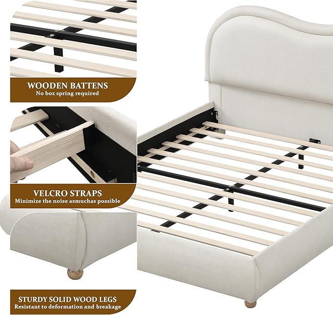 Queen Size Upholstered Platform Bed Frame, Modern Cloud Bedframe with Headboard, Low Profile Bed Floor Bed Frames with Soft Rounded Corners, No Box Spring Required, Easy Assembly, Chenille Cream