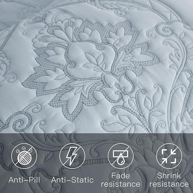 CHIXIN Bedspread Coverlet Quilt Set Full Size - Lightweight Bedding Cover - Beautiful Stitching - 5 Piece Reversible Bedspread - Gorgeous Damask Paisley Pattern (Full, Light Grey)