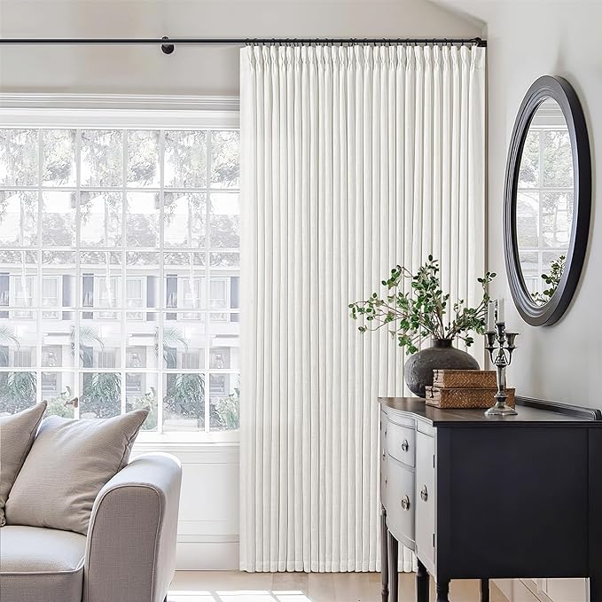 Extra Wide Pinch Pleat Curtains 120 Inches Long for Patio Sliding Glass Door White Linen 70 Inch Wide Curtain Memory Trained Pleated Drapes with Hooks Rings Semi Sheer 70x120 Curtain for Large Window