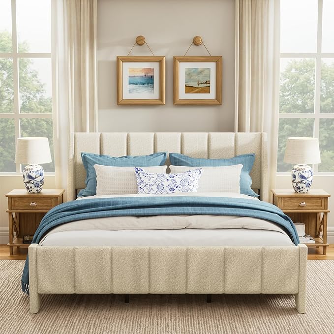 Brafab Full Boucle Upholstered Bed Frame with Wingback Headboard, No Box Spring Needed, Easy Assembly, Platform Bed with Wooden Slats, Beige