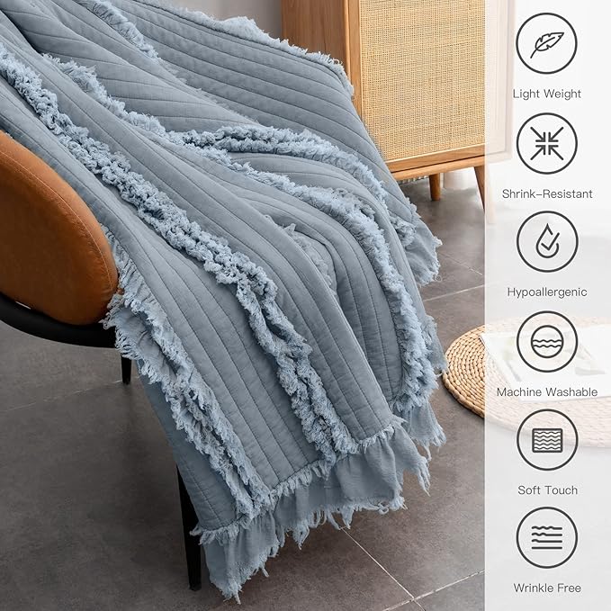 Ultra Soft Pre-Washed Quilted Boho Dark Blue Twin Size Blankets for Bed, Ruffle Fringed Decorative Throw, Stone Washed Chic Rustic Blanket for Sofa Couch Bed, 60"*80"