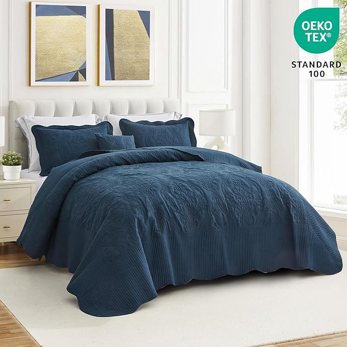 CHIXIN Bedspread Coverlet Set Queen Size - Lightweight Bedding Cover - Beautiful Stitching - 5 Piece Reversible Bedspread - Gorgeous Damask Paisley Pattern (Queen, Navy)