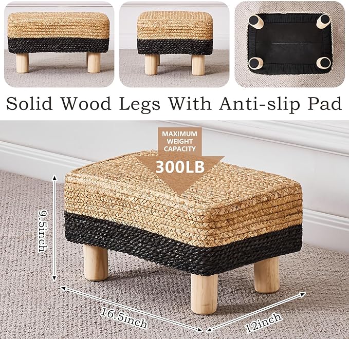 Wimarsbon Natural Seagrass Footstool Ottoman Rectangular Footrest Pouf Ottomans with Wooden Legs Hand Weave Step Stool for Living Room Bedroom Entryway Black