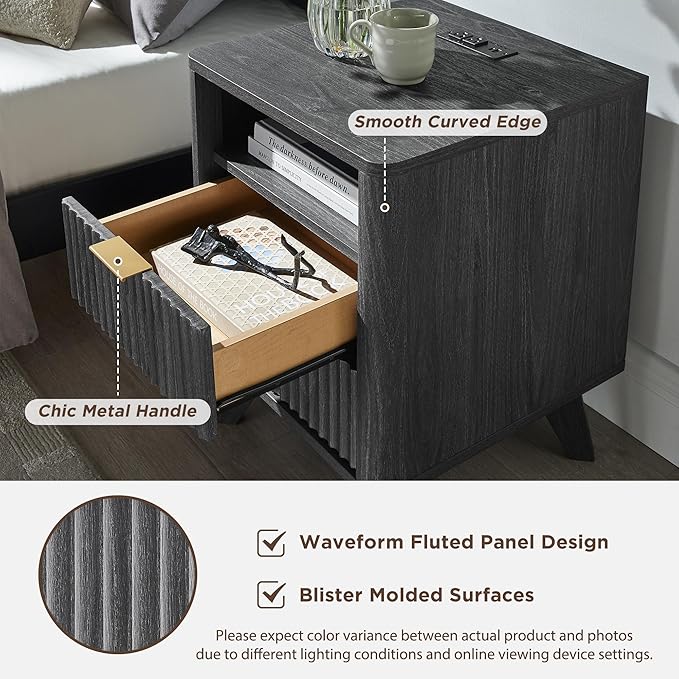 T4TREAM Fluted Nightstand with Charging Station, 18" Modern Side Table, 2 Drawers End Table with Storage, Bedside Table for Bedroom, Living Room, Curved Profile Design, Dark Alder