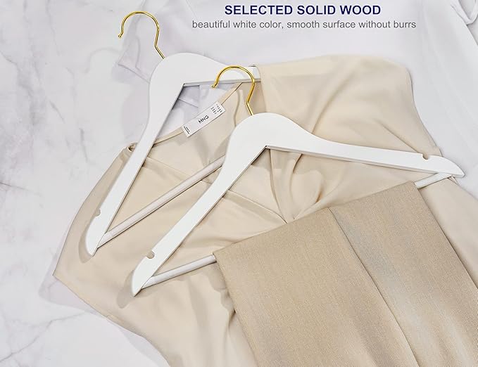 Amber Home 20 Pack Solid Wood Suit Coat Hangers, Smooth White Finish Wooden Dress Hangers with Non Slip Pant Bar, Clothes Hangers with Gold Hook & Notches for Jacket, Pant, Shirt (White+Gold, 20)