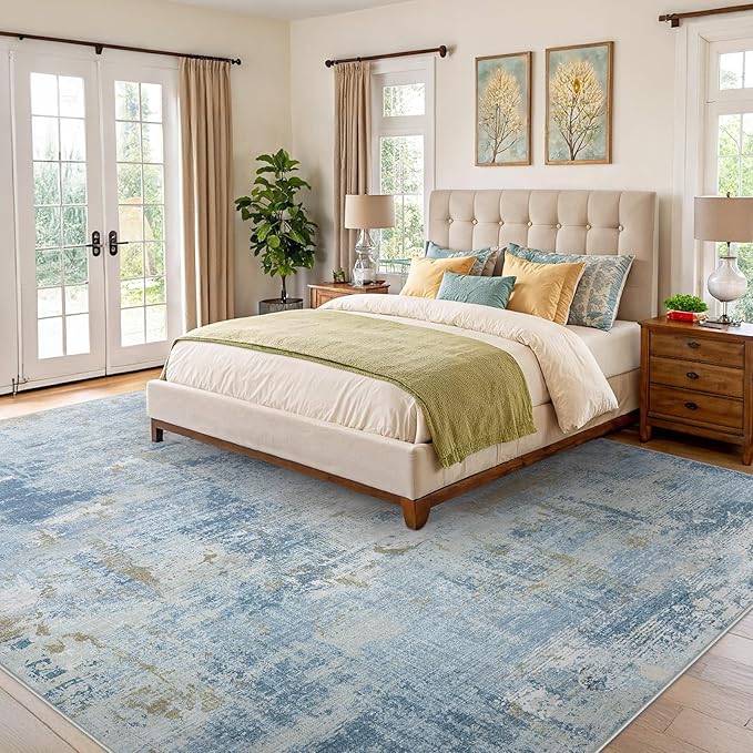 8x10 Area Rugs for Living Room, Modern Abstract Washable Rug with Non-Slip Backing & Low Pile, Large Washable Rug with Abstract Pattern for Bedroom, Dinning Room, Home Office, Light Blue