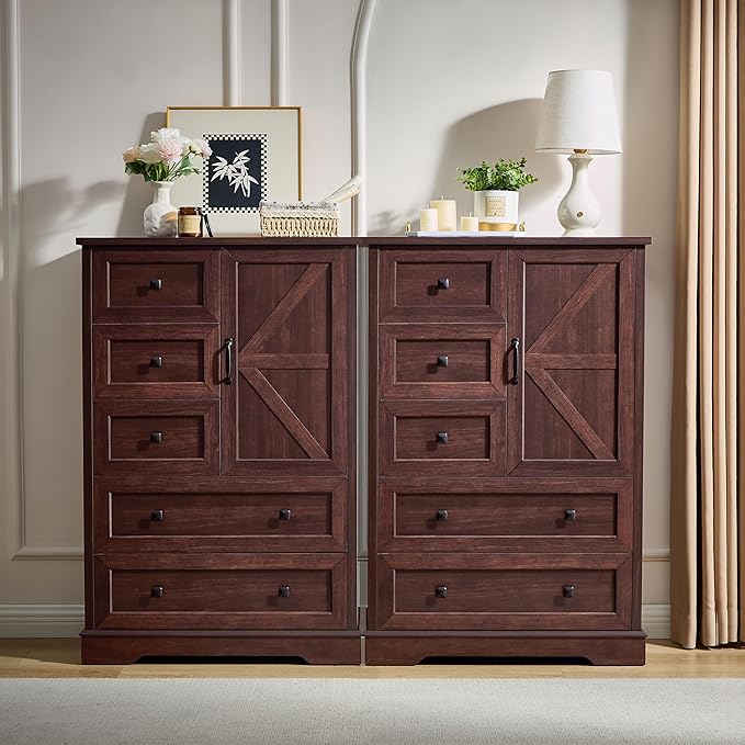 SOOWERY Dark Cherry Dresser for Bedroom, 5 Drawer Farmhouse Wood Dressers with Double Storage Cabinet, 48 Inches Tall Chest of Drawers for Bedroom, Living Room, Hallway